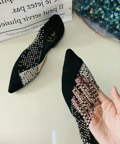 Black Pointed Toe Tulle Zircon Flat Shoes for Rt1005