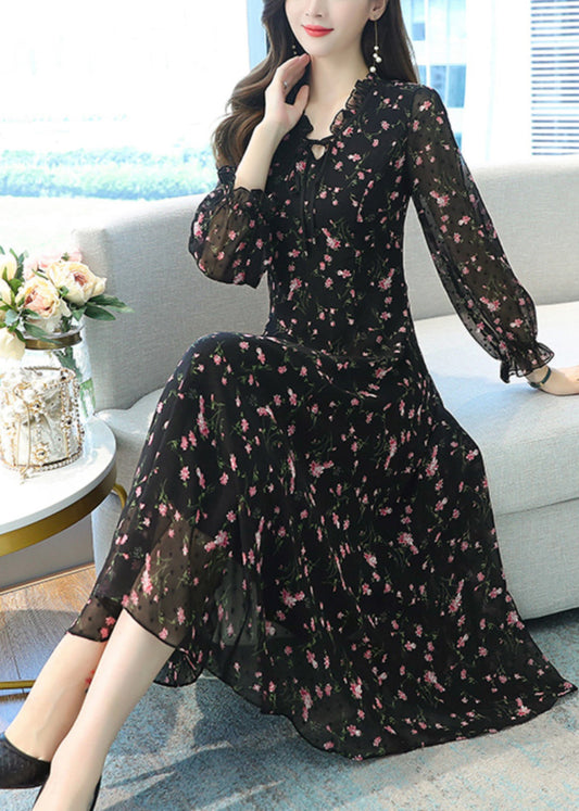 Black Ruffled Print Chiffon Long Dress Spring Oo022