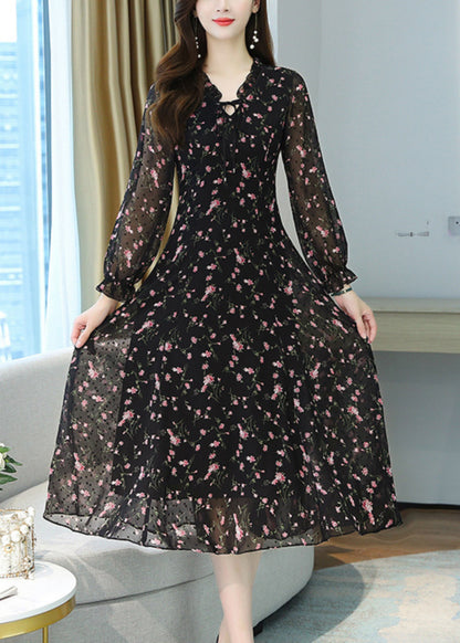 Black Ruffled Print Chiffon Long Dress Spring Oo022