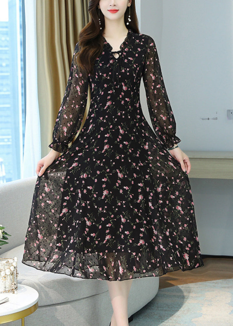 Black Ruffled Print Chiffon Long Dress Spring Oo022