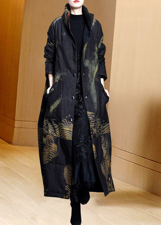 Black Stand Collar Pockets Print Fine Cotton Filled Trench Coat Spring Ac2041