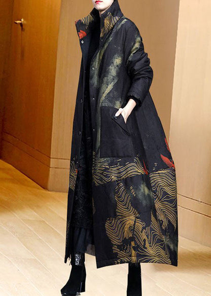 Black Stand Collar Pockets Print Fine Cotton Filled Trench Coat Spring Ac2041