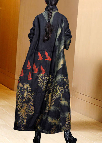 Black Stand Collar Pockets Print Fine Cotton Filled Trench Coat Spring Ac2041