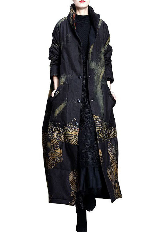 Black Stand Collar Pockets Print Fine Cotton Filled Trench Coat Spring Ac2041