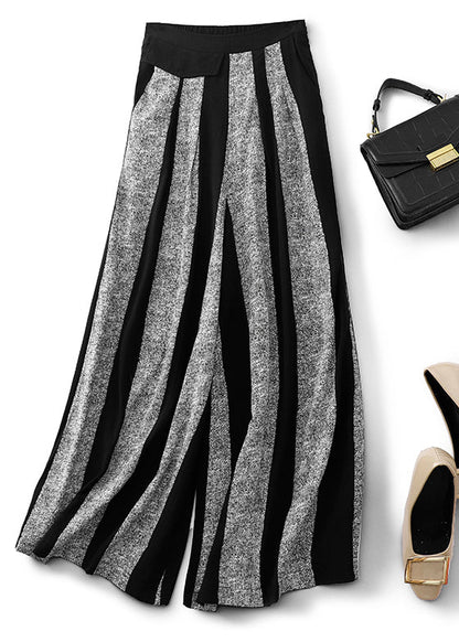 Black Striped Patchwork Cotton Wide Leg Pants Fall Ru024