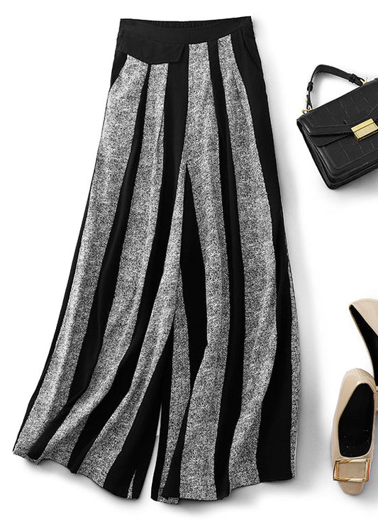 Black Striped Patchwork Cotton Wide Leg Pants Fall Ru024