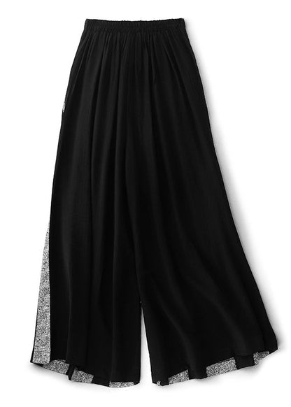 Black Striped Patchwork Cotton Wide Leg Pants Fall Ru024