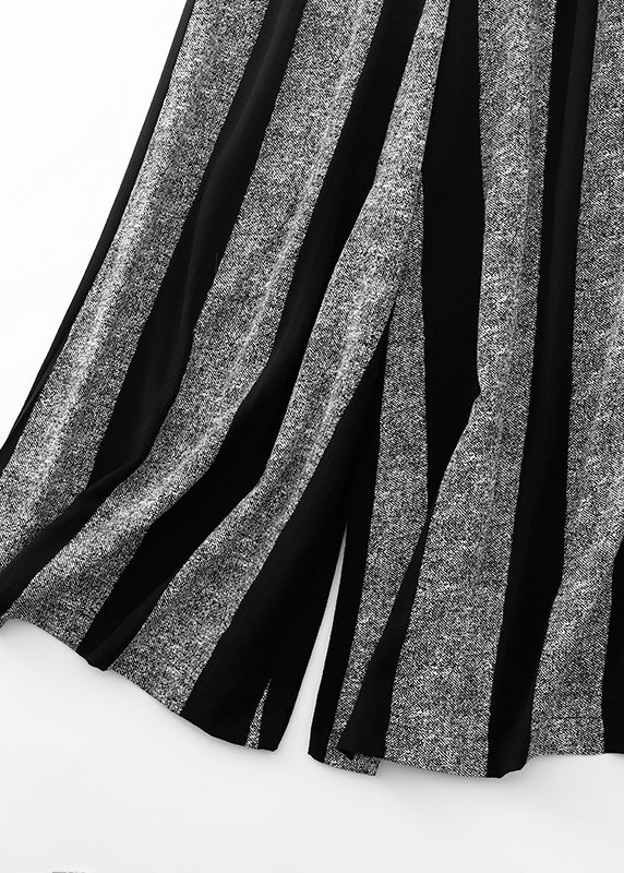 Black Striped Patchwork Cotton Wide Leg Pants Fall Ru024