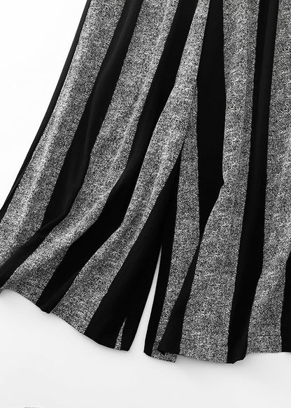 Black Striped Patchwork Cotton Wide Leg Pants Fall Ru024