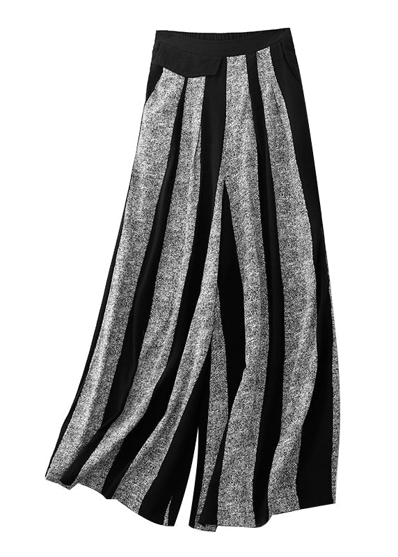 Black Striped Patchwork Cotton Wide Leg Pants Fall Ru024