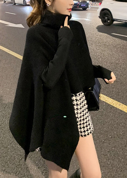 Black Turtleneck Asymmetrical Knit Cape Sweaters Spring Yw040