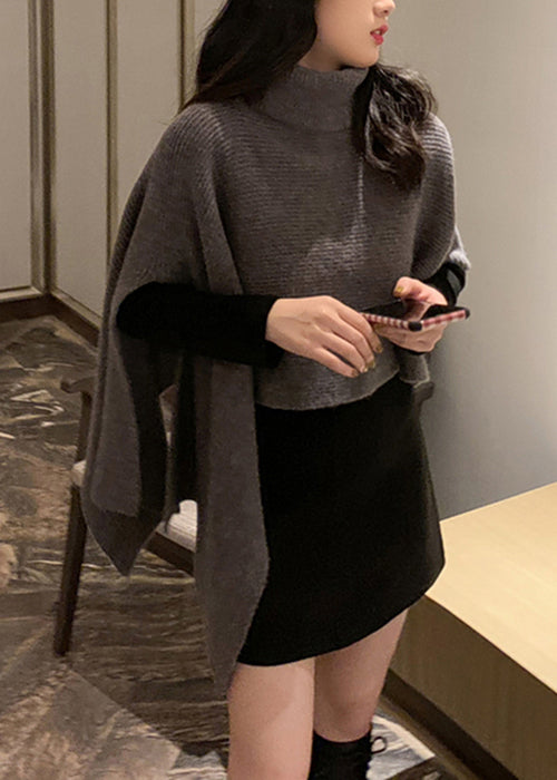 Black Turtleneck Asymmetrical Knit Cape Sweaters Spring Yw040