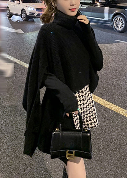 Black Turtleneck Asymmetrical Knit Cape Sweaters Spring Yw040