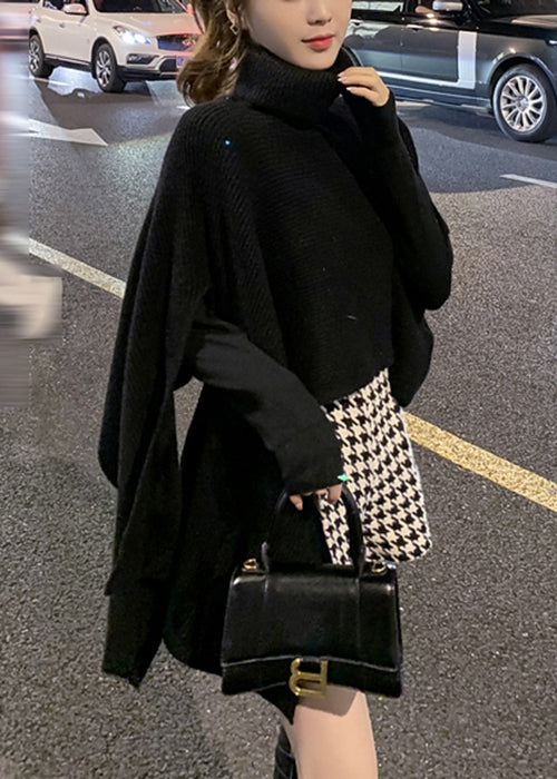 Black Turtleneck Asymmetrical Knit Cape Sweaters Spring Yw040