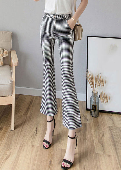 Black White Plaid High Waist Side Open Button Crop Pants Spring Ly0169