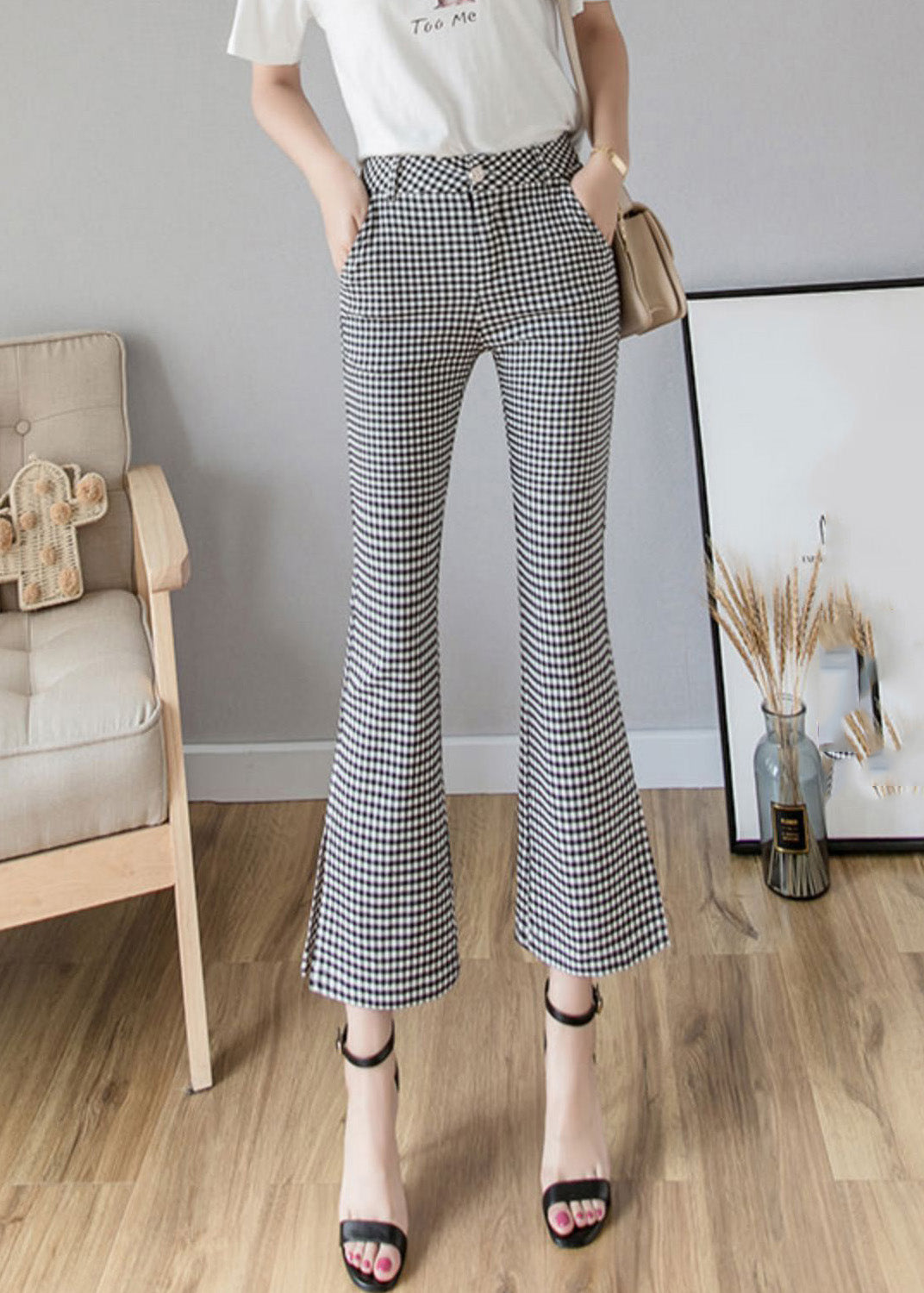 Black White Plaid High Waist Side Open Button Crop Pants Spring Ly0169