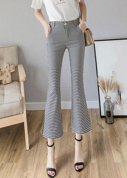 Black White Plaid High Waist Side Open Button Crop Pants Spring Ly0169