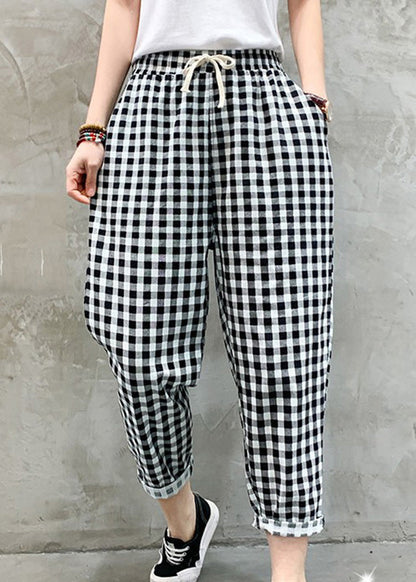Black White Plaid Tie Waist Crop Beam Pants Tq1041