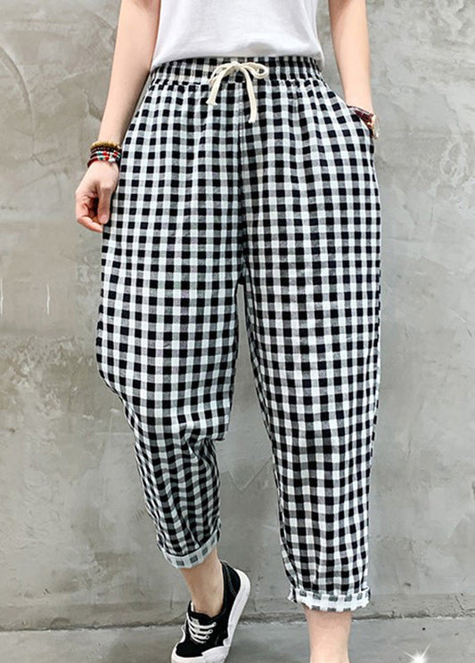 Black White Plaid Tie Waist Crop Beam Pants Tq1041