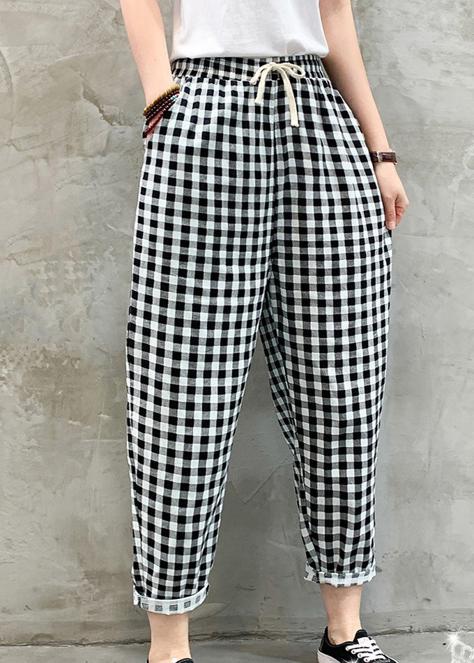 Black White Plaid Tie Waist Crop Beam Pants Tq1041