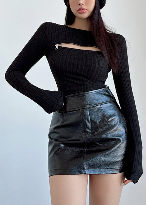 Black Zip Up Knit Sweaters Fall Al1053
