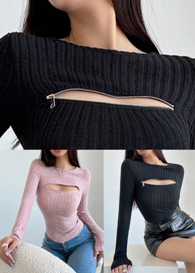 Black Zip Up Knit Sweaters Fall Al1053