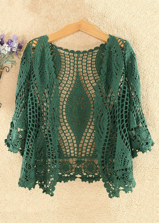 Blackish Green Hollow Out Cotton Knit Cardigan Summer As1029