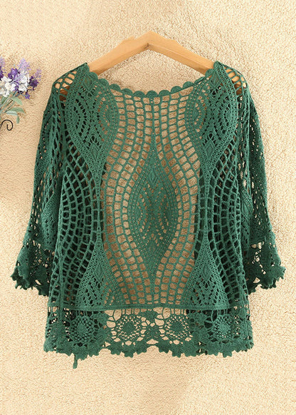 Blackish Green Hollow Out Cotton Knit Cardigan Summer As1029