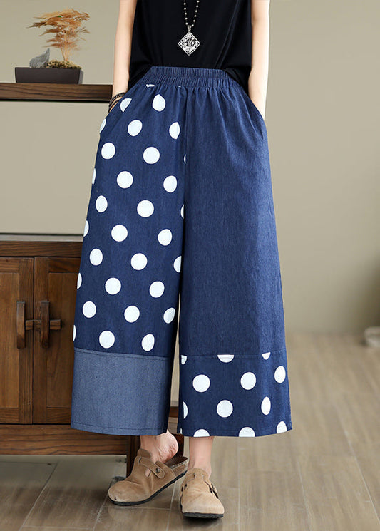 Blue Asymmetrical Patchwork Dot Print Pockets Wide Leg Pants Summer Ap065