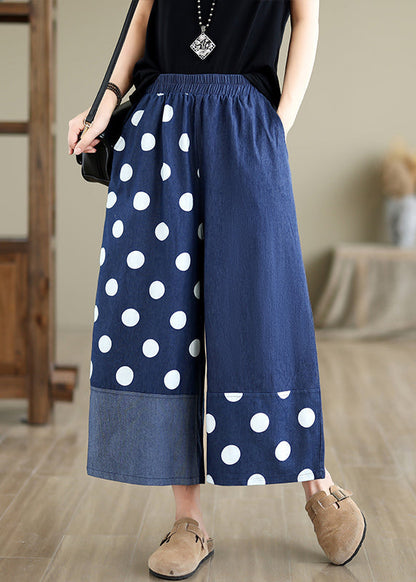 Blue Asymmetrical Patchwork Dot Print Pockets Wide Leg Pants Summer Ap065