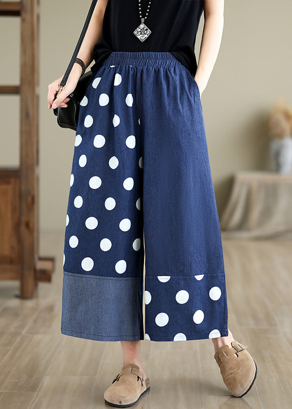 Blue Asymmetrical Patchwork Dot Print Pockets Wide Leg Pants Summer Ap065