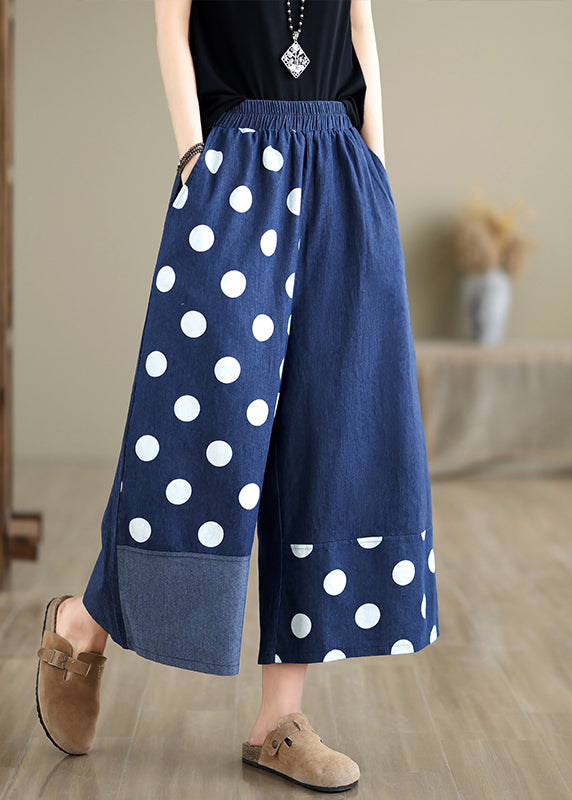 Blue Asymmetrical Patchwork Dot Print Pockets Wide Leg Pants Summer Ap065