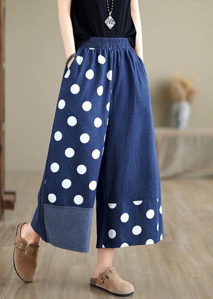 Blue Asymmetrical Patchwork Dot Print Pockets Wide Leg Pants Summer Ap065