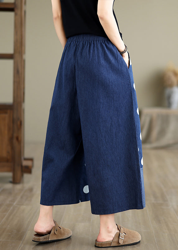 Blue Asymmetrical Patchwork Dot Print Pockets Wide Leg Pants Summer Ap065