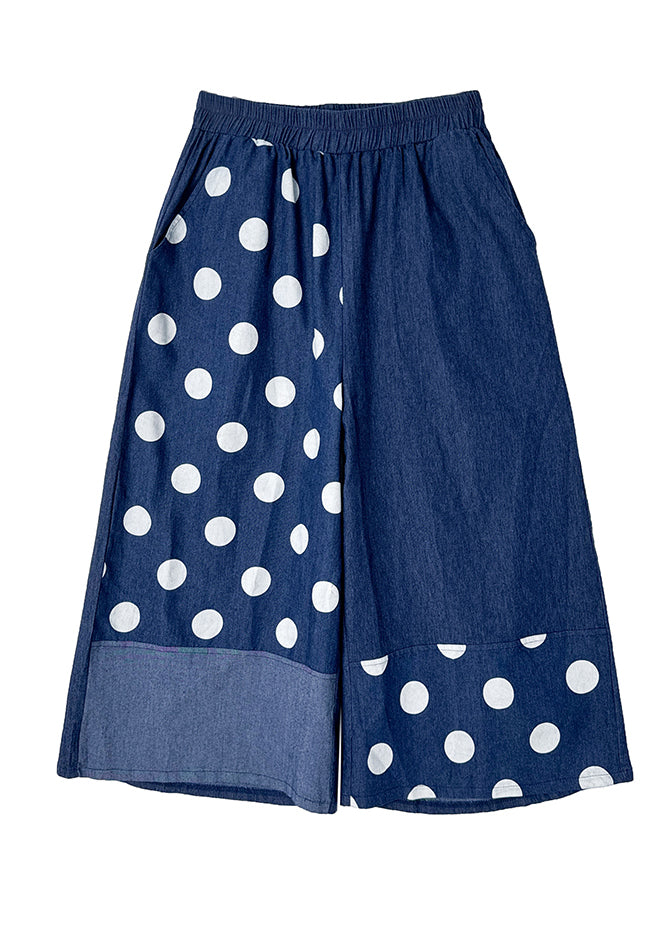 Blue Asymmetrical Patchwork Dot Print Pockets Wide Leg Pants Summer Ap065