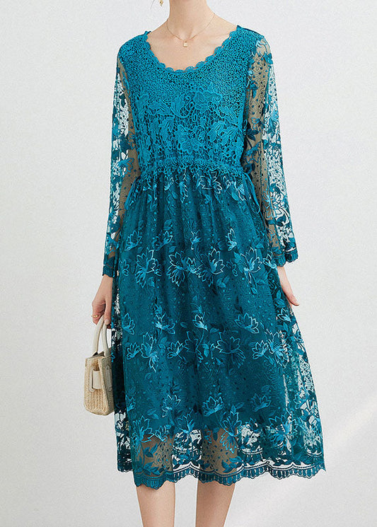 Blue O Neck Embroideried Patchwork Long Dresses Spring Ly0004