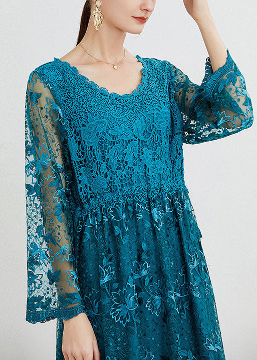 Blue O Neck Embroideried Patchwork Long Dresses Spring Ly0004