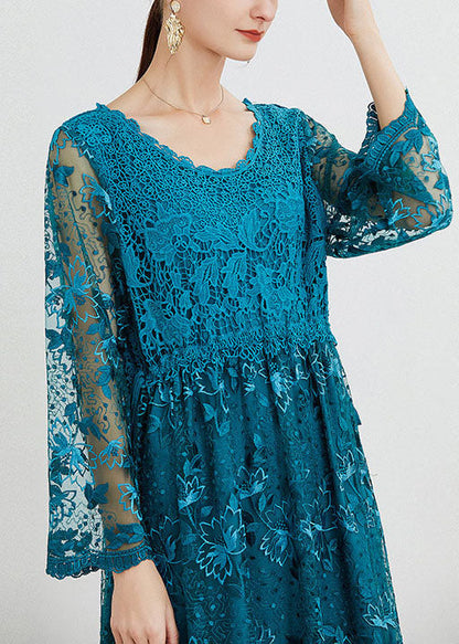 Blue O Neck Embroideried Patchwork Long Dresses Spring Ly0004
