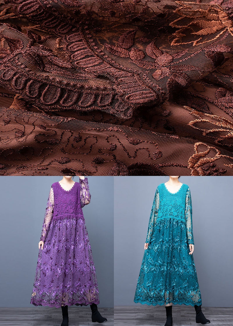 Purple Hollow Out Lace Patchwork Maxi Dresses O Neck Spring Ly0017