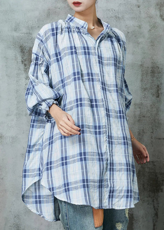 Blue Oversized Plaid Cotton Blouses Lantern Sleeve Jk1056