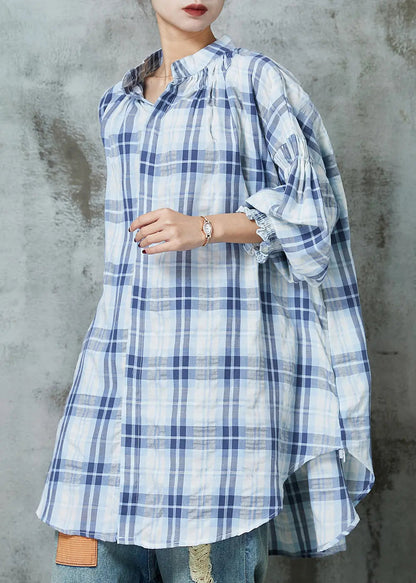 Blue Oversized Plaid Cotton Blouses Lantern Sleeve Jk1056