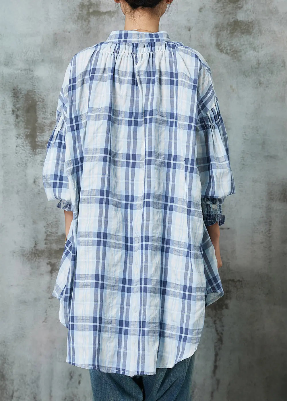 Blue Oversized Plaid Cotton Blouses Lantern Sleeve Jk1056