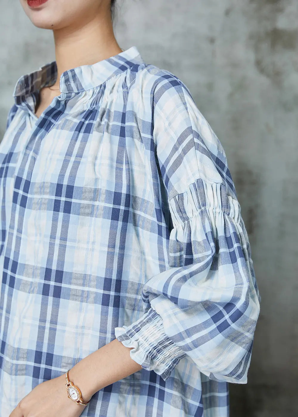 Blue Oversized Plaid Cotton Blouses Lantern Sleeve Jk1056