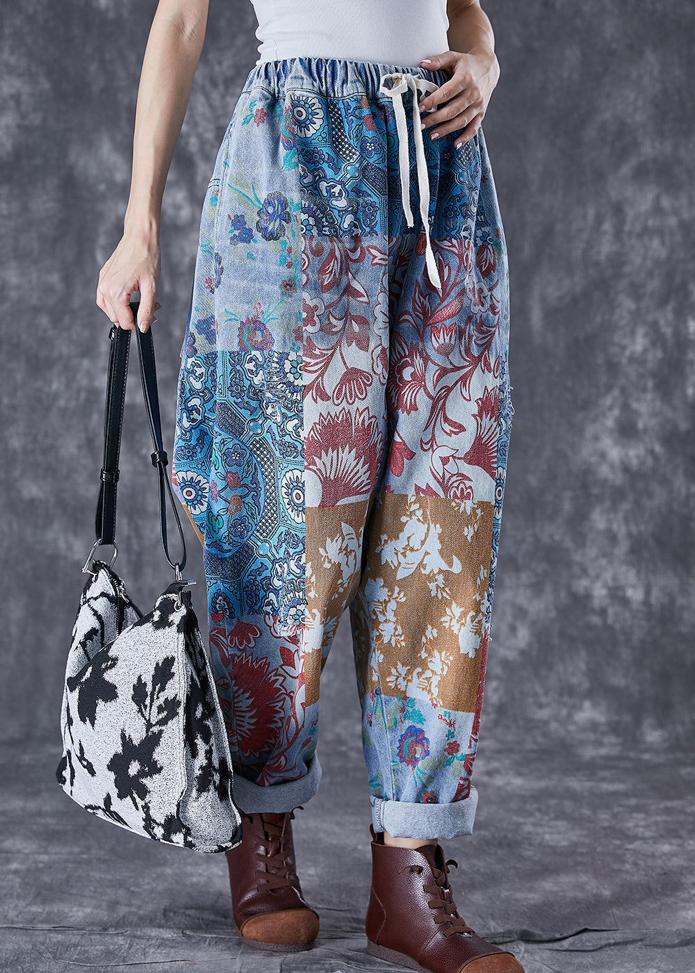 Blue Oversized Print Denim Harem Pants Fall Td1046