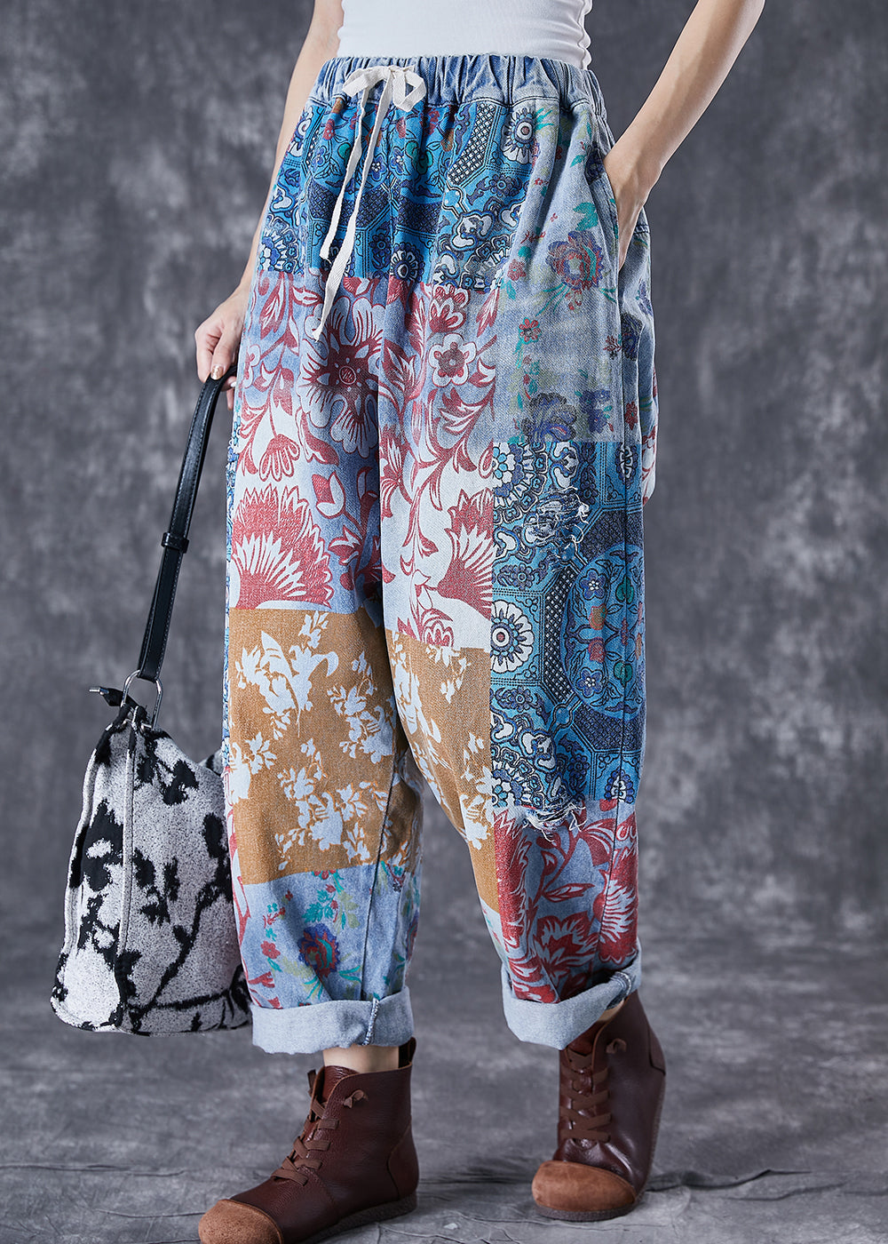 Blue Oversized Print Denim Harem Pants Fall Td1046