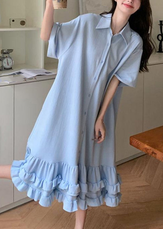 Pan Collar Blue Short Ruffled Peter Maxi Dress Patchwork