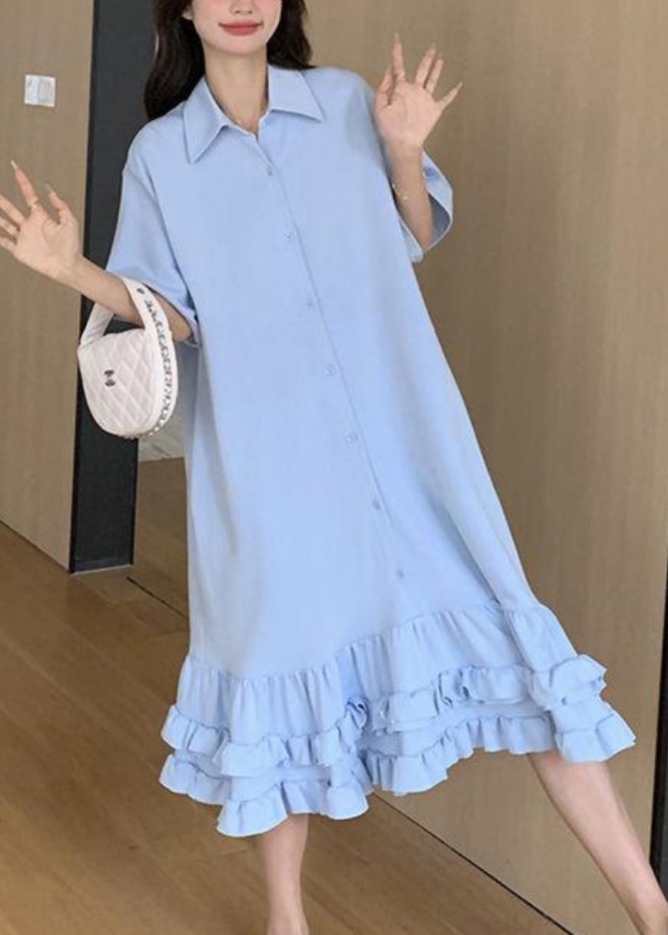 Pan Collar Blue Short Ruffled Peter Maxi Dress Patchwork