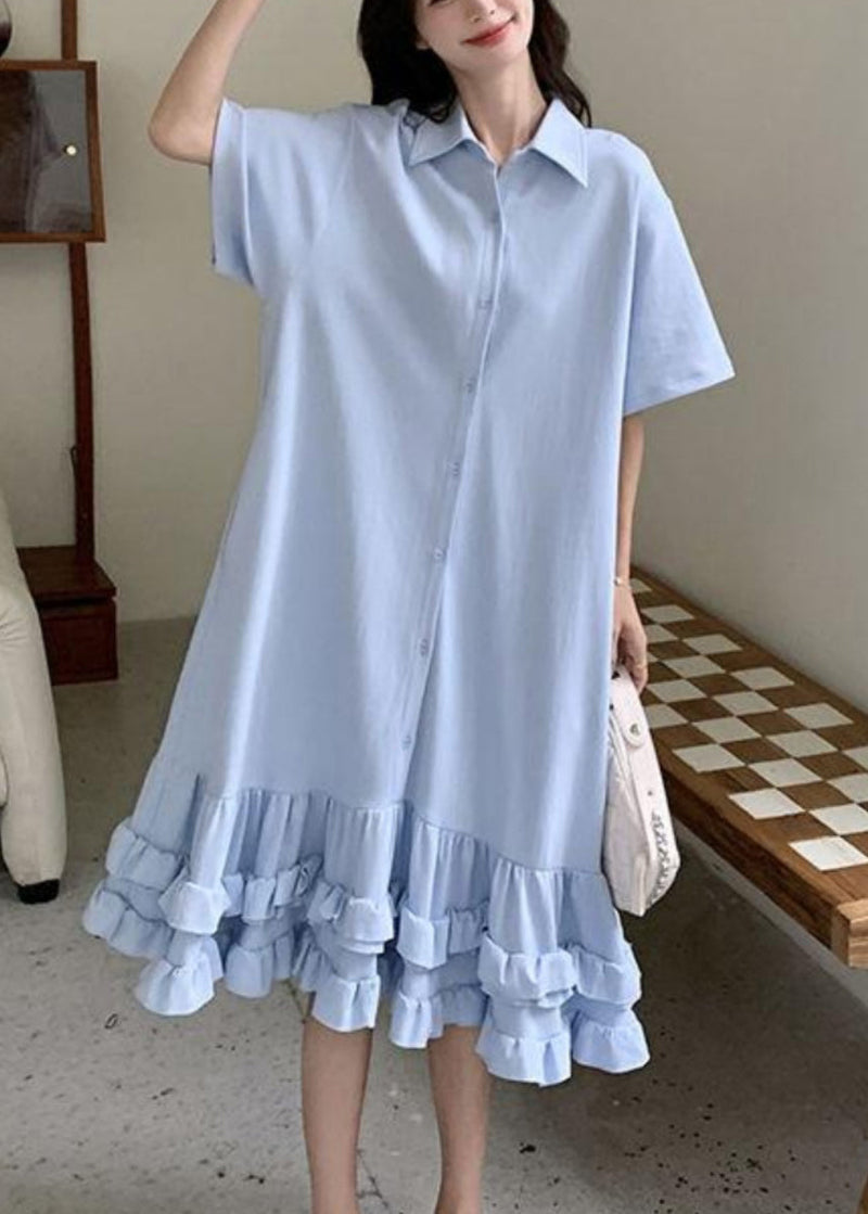 Pan Collar Blue Short Ruffled Peter Maxi Dress Patchwork