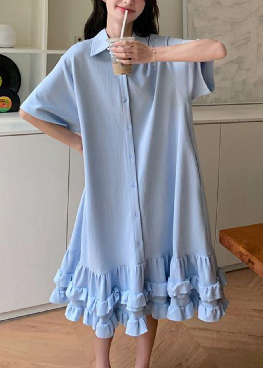 Pan Collar Blue Short Ruffled Peter Maxi Dress Patchwork