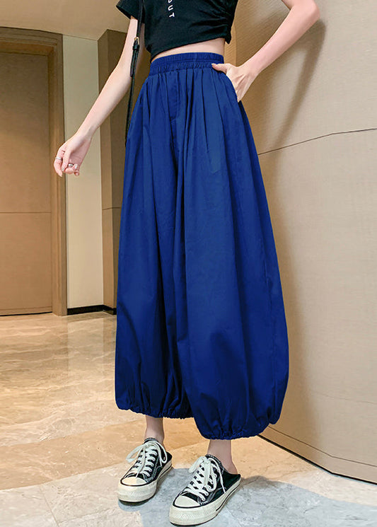 Blue Pockets Elastic Waist Crop Pants Summer Qb026